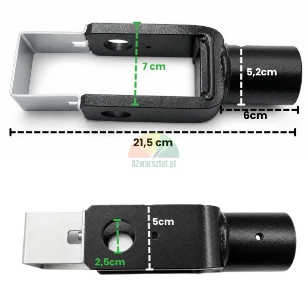 Metalowy zaczep dyszla lub przyczepy przedstawiony z dwóch stron z naniesionymi wymiarami technicznymi: długość całkowita 21,5 cm, otwór 2,5 cm.