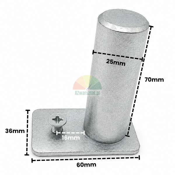 Metalowy trzpień montażowy z podstawą i śrubą, schemat z wymiarami podstawy 60x36 mm i wysokością trzpienia 70 mm