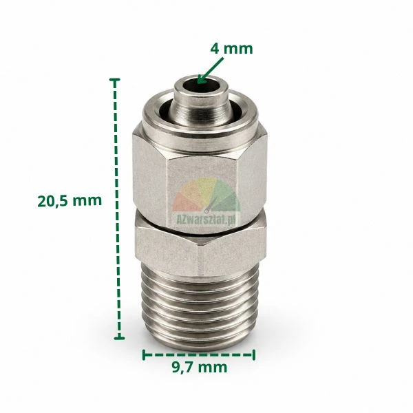 Metalowa złączka prosta do przewodu 4 mm i gwintu 9,7 mm z podanymi wymiarami