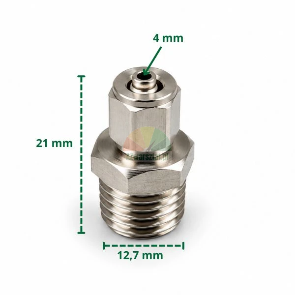 Metalowy łącznik wtykowy do przewodu 4 mm z gwintem 12,7 mm i wymiarami.