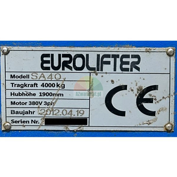 Tabliczka znamionowa podnośnika Eurolifter SA40