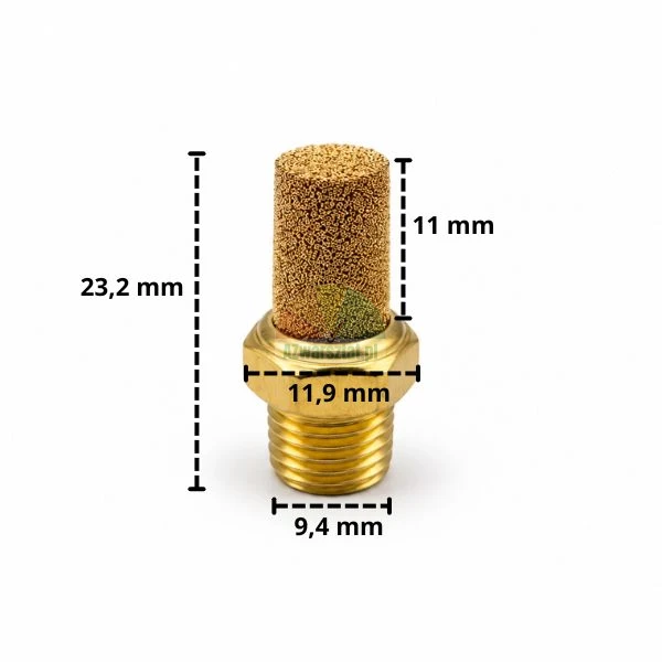 Mosiężny spiekany tłumik hałasu, filtr powietrza G1/8 (9,4 mm) z naniesionymi wymiarami