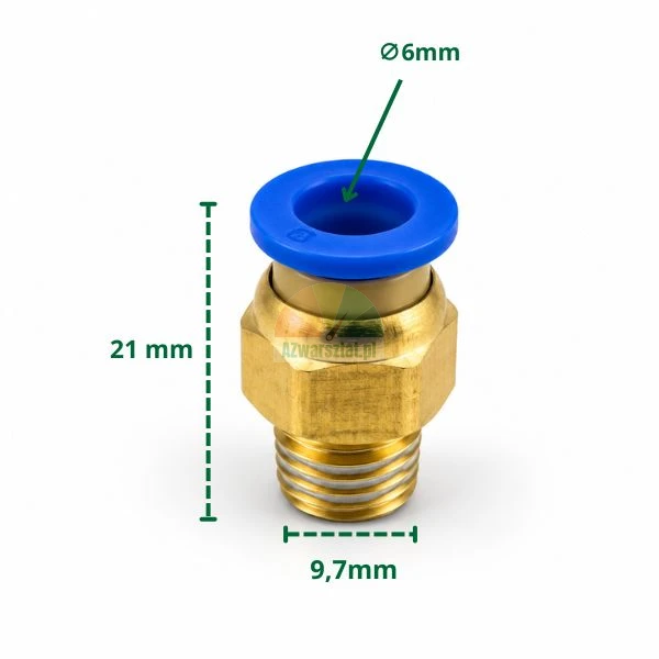 Mosiężny łącznik wtykowy pneumatyczny do przewodu 6mm z gwintem 9,7mm i wysokością 21mm