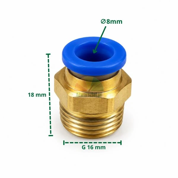 Mosiężna złączka pneumatyczna prosta G 16 mm na wąż 8 mm