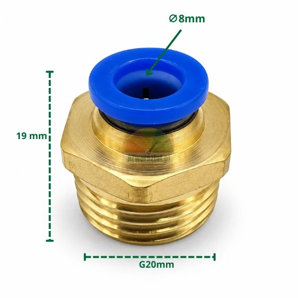 Mosiężna prosta złączka pneumatyczna wtykowa G20mm na wąż 8mm, wysokość 19mm