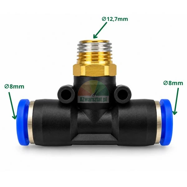Złączka pneumatyczna typu T z gwintem G 12,7 mm i wejściami 8 mm