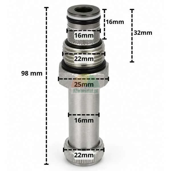 Metalowy zawór hydrauliczny wkręcany z filtrem siatkowym i zaznaczonymi wymiarami technicznymi.