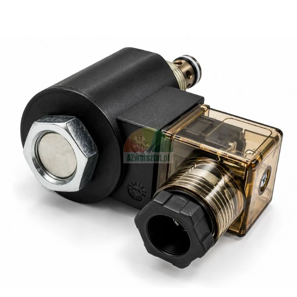 Elektrozawór hydrauliczny z czarną cewką, zaworem nabojowym i przezroczystą wtyczką DIN na białym tle
