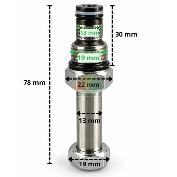 Zawór opuszczania z gwintem 19 mm i zaznaczonymi wymiarami technicznymi.
