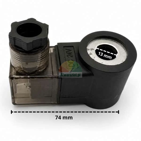 Czarna cewka elektrozaworu DC 24V z przezroczystym wtykiem DIN, z zaznaczonymi wymiarami: długość 74 mm oraz średnica otworu 13 mm, na białym tle.