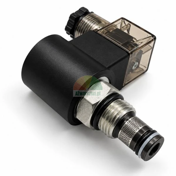 Hydrauliczny elektrozawór nabojowy z czarną cewką i przezroczystą wtyczką na białym tle