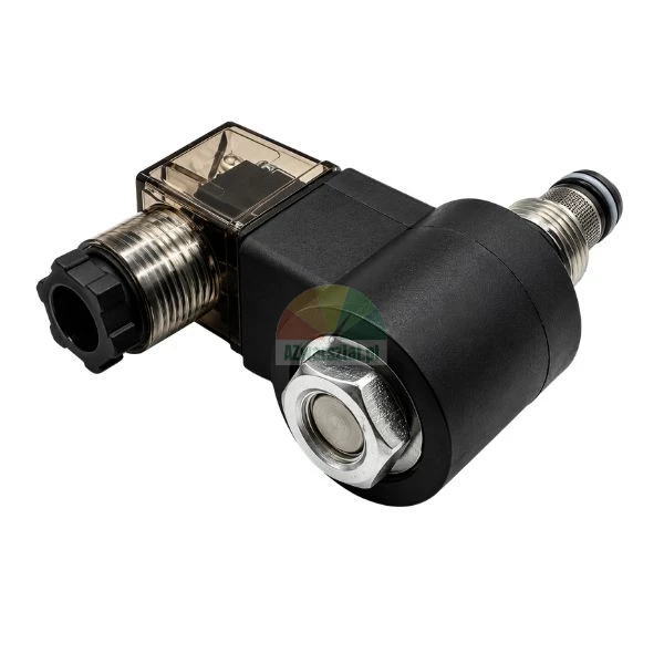 Elektrozawór hydrauliczny nabojowy z cewką i wtyczką elektryczną na białym tle