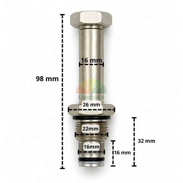 Metalowy trzpień zaworu elektromagnetycznego z naniesionymi wymiarami technicznymi: długość całkowita 98 mm i gwint 22 mm
