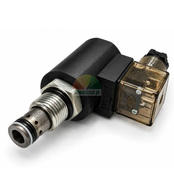 Hydrauliczny elektrozawór nabojowy z czarną cewką DC 220V i przezroczystą wtyczką na białym tle.