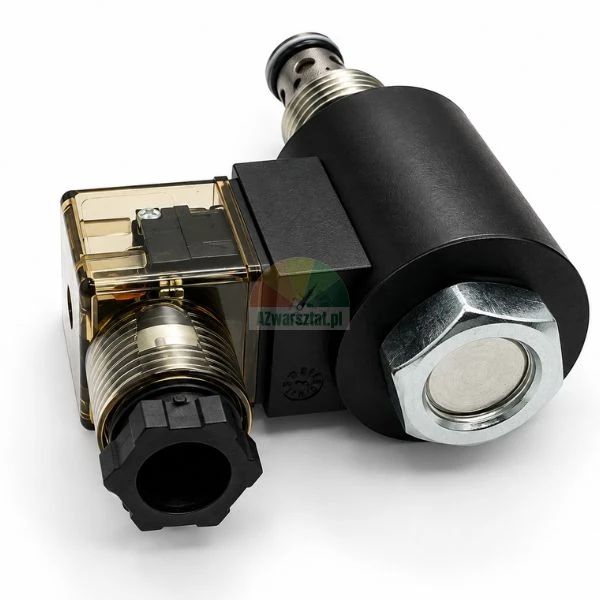 Elektrozawór hydrauliczny nabojowy z cewką elektromagnetyczną i wtykiem elektrycznym na białym tle