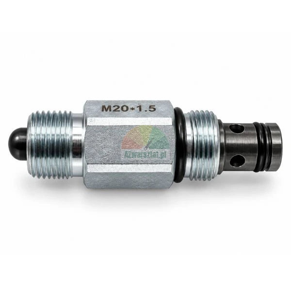 Hydrauliczny zawór wkręcany M20x1.5 z trzpieniem i uszczelkami o-ring na białym tle.