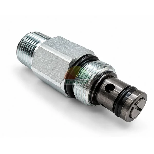 Hydrauliczny zawór wkręcany z gwintem i uszczelnieniem o-ring na białym tle.