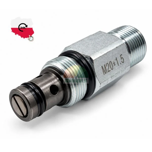 Wkręcany hydrauliczny zawór nabojowy M20x1.5 z gumowymi uszczelnieniami typu o-ring na białym tle