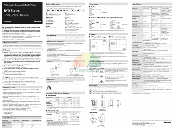 Instrukcja obsługi czujników fotoelektrycznych Autonics serii BYD ze schematami połączeń i specyfikacją techniczną.