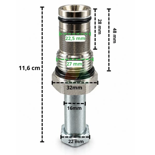 Zawór opuszczania do cewki elektromagnetycznej 16 mm i gwintem G27 mm z naniesionymi wymiarami