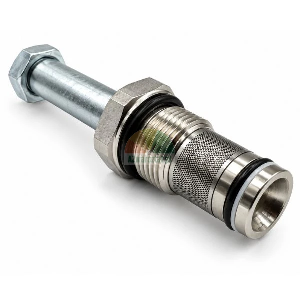 Metalowy hydrauliczny zawór wkręcany ze śrubą regulacyjną, sitkiem filtracyjnym i uszczelkami typu o-ring na białym tle