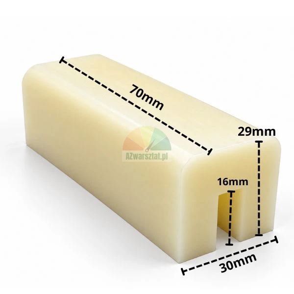 Biały ślizg podnośnika o wymiarach 70x30x29 mm z rowkiem prowadzącym