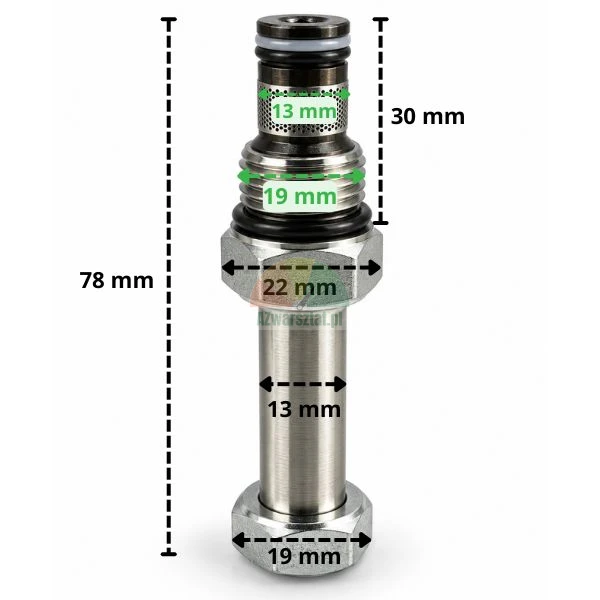 Zawór opuszczania do cewki elektromagnetycznej 13 mm z naniesionymi wymiarami