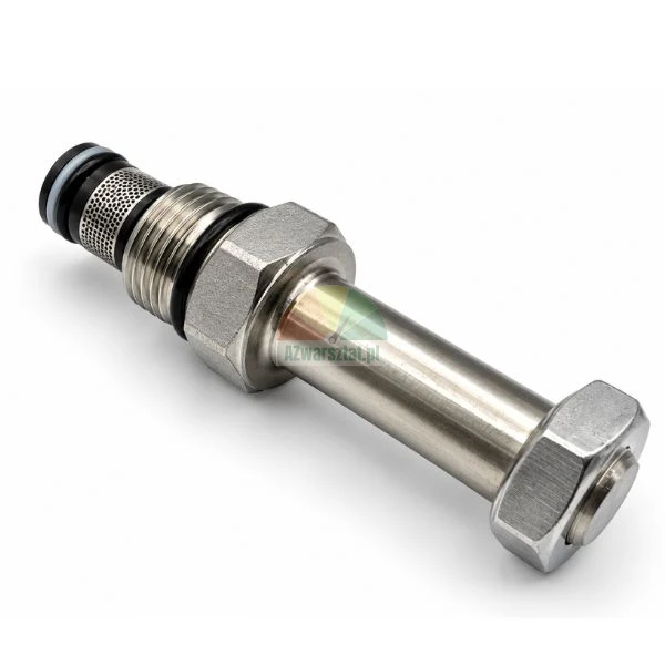 Metalowy hydrauliczny zawór nabojowy z filtrem siatkowym i uszczelkami o-ring na białym tle.