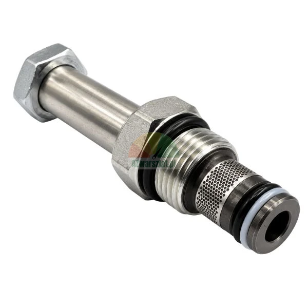Metalowy hydrauliczny zawór nabojowy z gwintem, uszczelnieniem o-ring i siatką filtrującą na białym tle