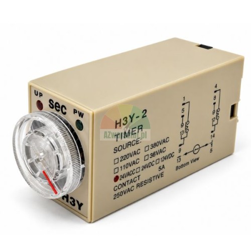 Przekaźnik czasowy H3Y-2 AC 24V, zakres do 5s, 8 PIN z przezroczystym pokrętłem regulacyjnym na białym tle