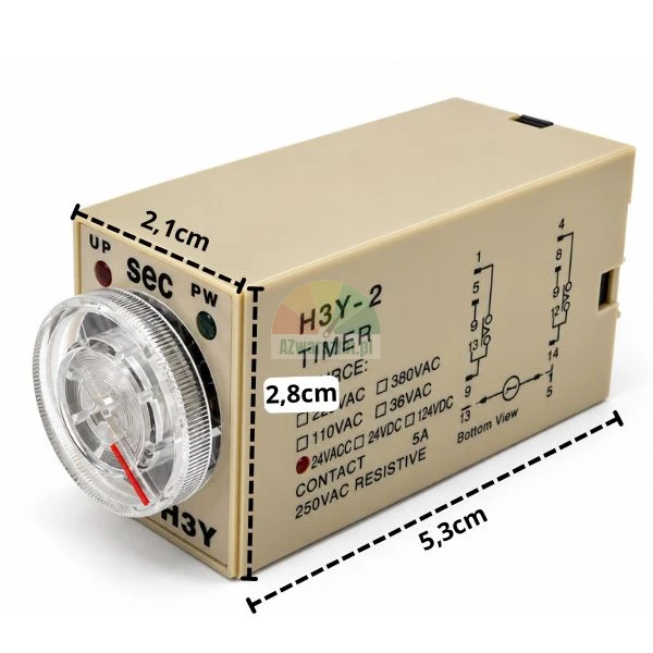 Przekaźnik czasowy H3Y-2 AC 24V 5s 8 PIN z zaznaczonymi wymiarami