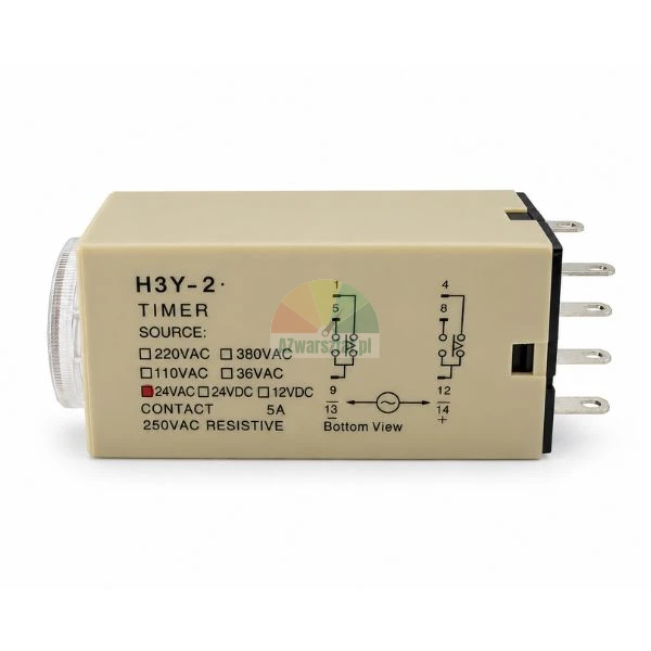 Elektroniczny przekaźnik czasowy H3Y-2 ze schematem połączeń i parametrami zasilania 24VAC na beżowej obudowie
