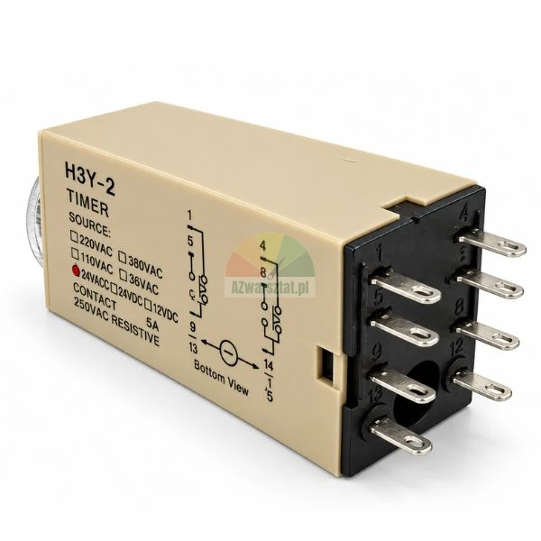 Elektroniczny przekaźnik czasowy H3Y-2 ze stykami i schematem połączeń na beżowej obudowie