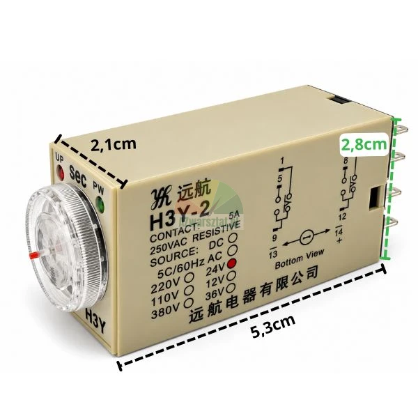 Przekaźnik czasowy H3Y-2 DC 24V 5 sek 8 PIN z wymiarami
