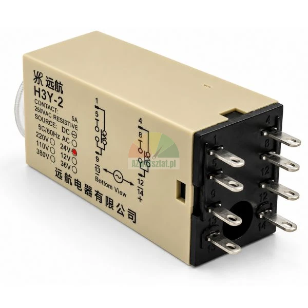 Elektroniczny przekaźnik czasowy H3Y-2 ze schematem połączeń i widocznymi pinami na białym tle