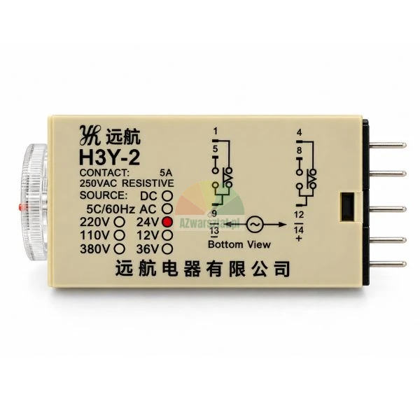 Elektroniczny przekaźnik czasowy model H3Y-2 na 24V ze schematem połączeń i pokrętłem regulacyjnym na białym tle