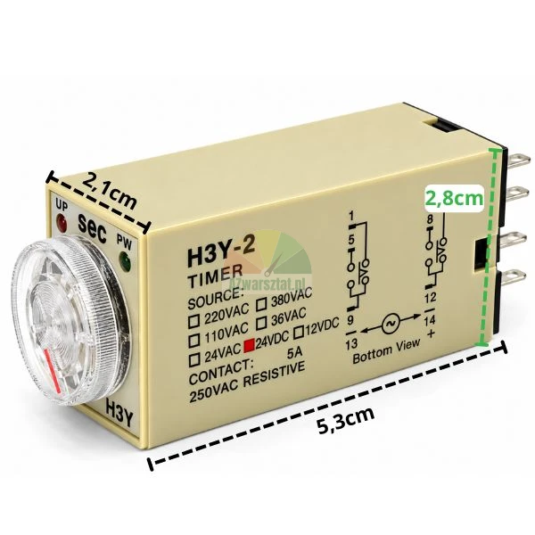 Przekaznik czasowy H3Y-2 DC 24V 10s 8-pin z wymiarami