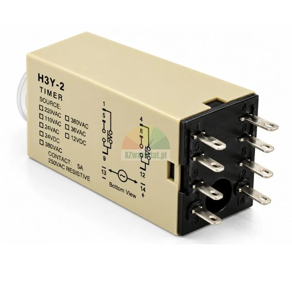 Elektroniczny przekaźnik czasowy H3Y-2 w beżowej obudowie ze schematem podłączenia i widocznymi pinami