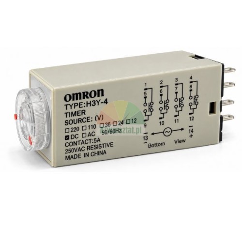 Elektroniczny przekaźnik czasowy OMRON H3Y-4 DC 24V 5s 14 pin z widocznym schematem wyprowadzeń i pokrętłem regulacyjnym