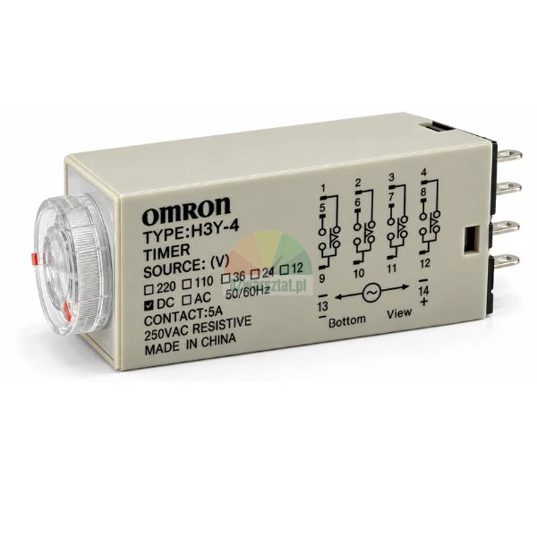 Elektroniczny przekaźnik czasowy OMRON H3Y-4 DC 24V 5s 14 pin z widocznym schematem wyprowadzeń i pokrętłem regulacyjnym