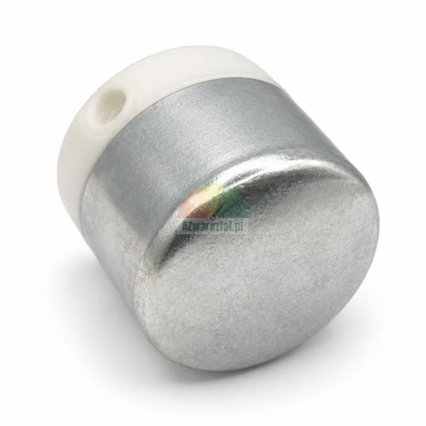 Cylindryczny metalowy element z białą plastikową podstawą i gwintowanym otworem na białym tle