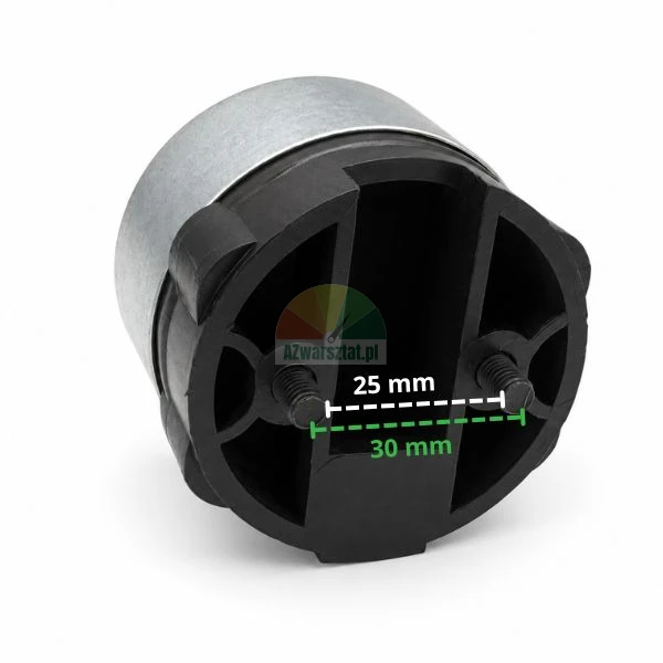 Metalowo-plastikowy element montażowy z dwiema śrubami oraz naniesionymi wymiarami rozstawu 25 mm i 30 mm na białym tle.