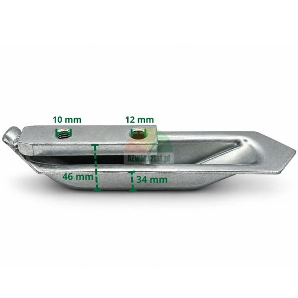 Metalowe gniazdo najazdu do bramy przesuwnej z naniesionymi wymiarami technicznymi 10 mm, 12 mm, 46 mm oraz 34 mm na białym tle.