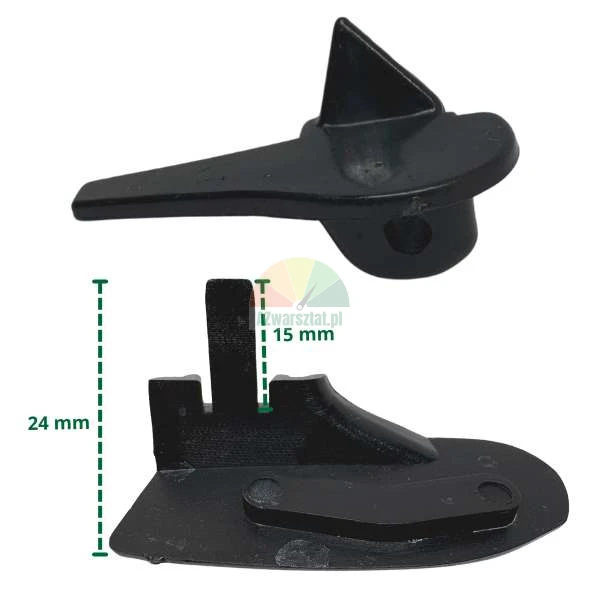 Czarny plastikowy element montażowy z wymiarami 24 mm i 15 mm, pokazany z dwóch perspektyw.