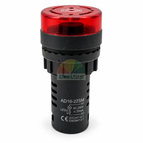 Czerwony panelowy sygnalizator optyczno-dźwiękowy LED AD16-22SM na napięcie AC 220V