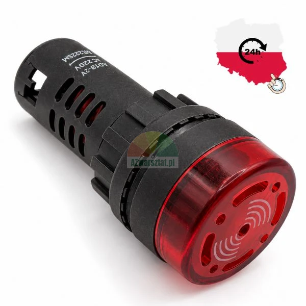 Czerwona lampka sygnalizacyjna LED z brzęczykiem panelowym 230V AD16-22SM na białym tle