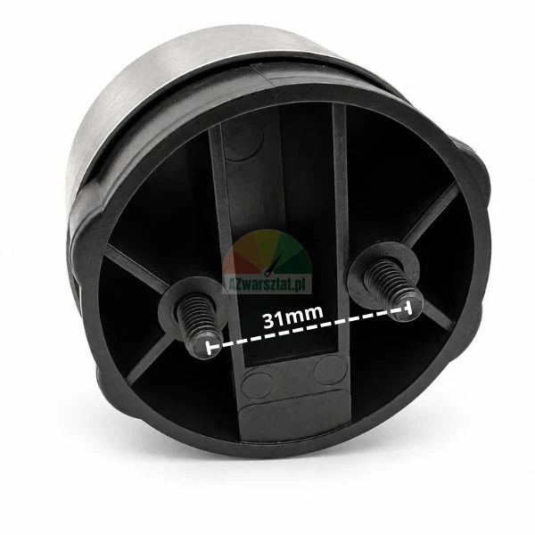 Spód czarnego elementu montażowego z metalową obwódką i dwiema śrubami z zaznaczonym rozstawem 31 mm