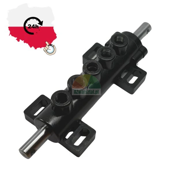 Czarny hydrauliczny rozdzielacz zaworowy z pięcioma portami gwintowanymi i metalowym trzpieniem na białym tle