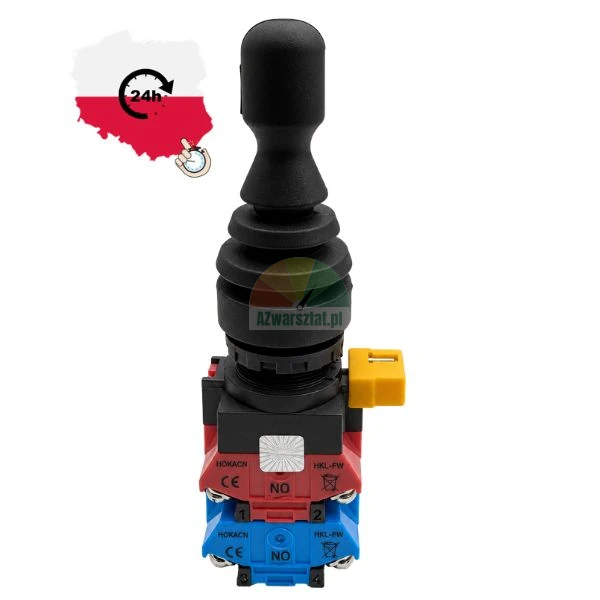 Przemysłowy przełącznik typu joystick z gumową osłoną i blokami styków na białym tle