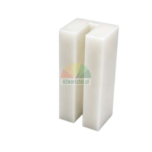 Biały ślizg podnośnika z tworzywa sztucznego o wymiarach 7cm x 3cm x 3cm z podłużnym rowkiem na białym tle